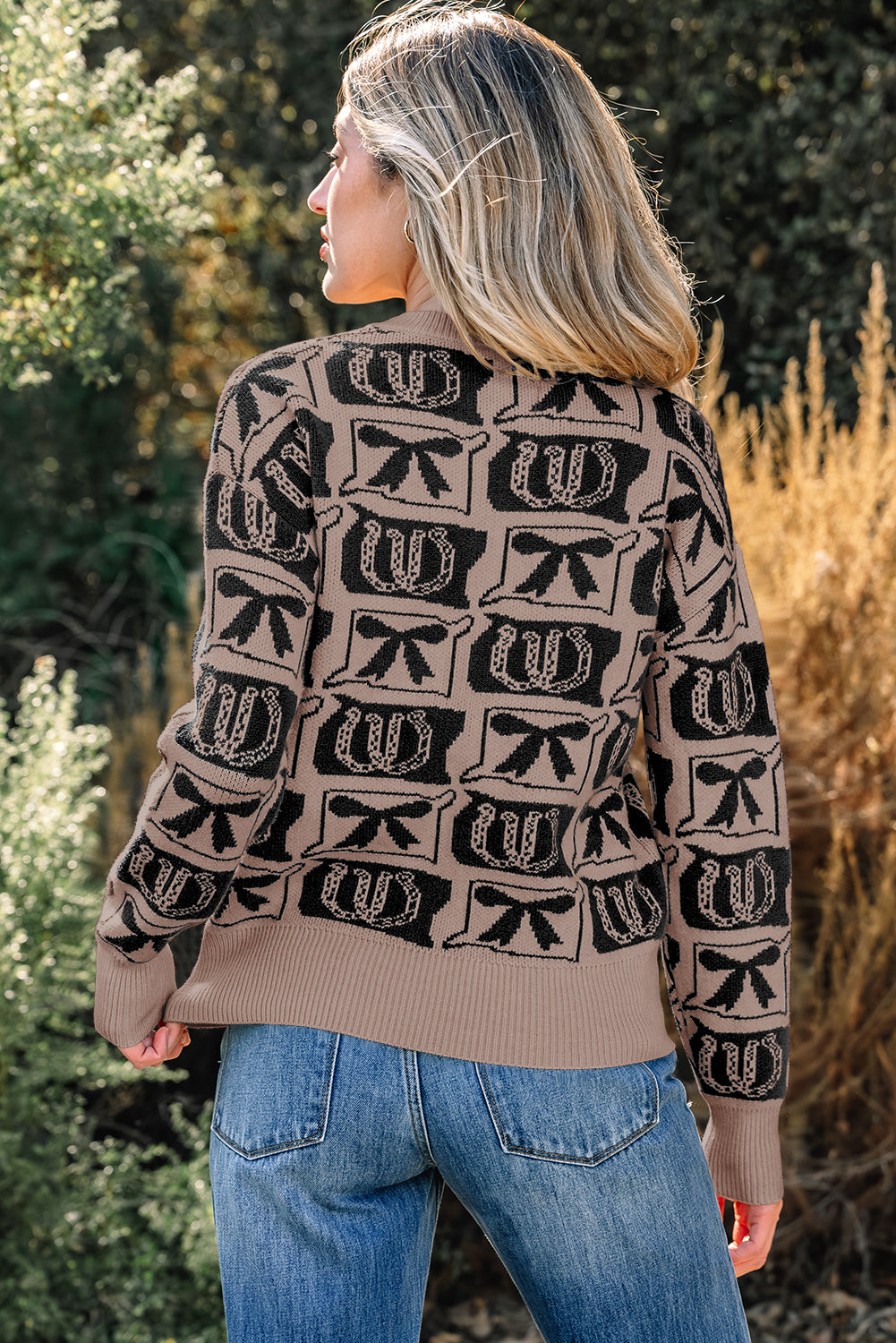 Black Bows & Horseshoes Pattern Western Fashion Print Sweater