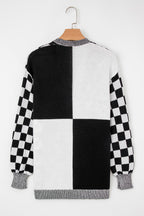 Black Checkered Open Front Drop Shoulder Cardigan