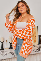 Orange Plus Size Checkered Bubble Sleeve Drop Shoulder Open Cardigan