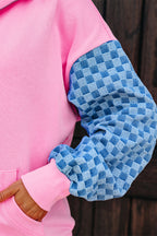 Bonbon Checkered Patchwork Kangaroo Pocket Half Zipper Hoodie