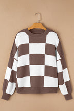Dark Brown Checkered Bishop Sleeve Sweater