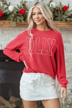 Racing Red Twisted Rib Outlined Merry Letter Graphic Loose Long Sleeve Top