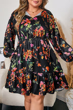Black Plus Size Floral Print Tie Neck Cinched Waist Long Sleeve Mini Dress