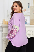 Phalaenopsis Flower Patch Colorblock Plus Size Pullover Top