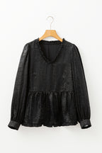 Black Metallic Frilled V Neck Puff Sleeve Babydoll Blouse