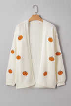 White Pumpkin Print Open Front Drop Shoulder Midi Cardigan