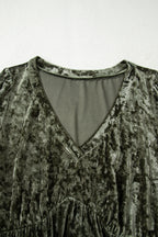 Jungle Green Plus Size Velvet Babydoll Mini Dress with Puff Sleeve
