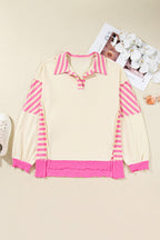 Pink Stripe Contrast Polo Collar Drop Shoulder Patchwork Plus Size Pullover