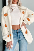 White Pumpkin Print Open Front Drop Shoulder Midi Cardigan