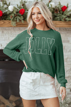 Blackish Green Twisted Rib Outlined Merry Letter Graphic Loose Long Sleeve Top