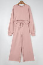Light Pink Drop Shoulder Puff Sleeve Crop Pullover Drawstring Wide Leg Pants Set