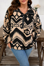 Black Plus Size Western Aztec Pattern Half Button Collared Plush Sweatshirt