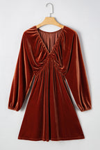 Clay Elastic V Neck Puff Sleeve Short Velvet Dress