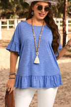 Dusk Blue Ruffled Short Sleeve Plus Size Casual Blouse