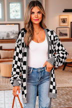Black Checkered Open Front Drop Shoulder Cardigan