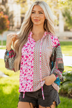 Pink Boho Mixed Floral Drop Shoulder Bubble Sleeve Blouse
