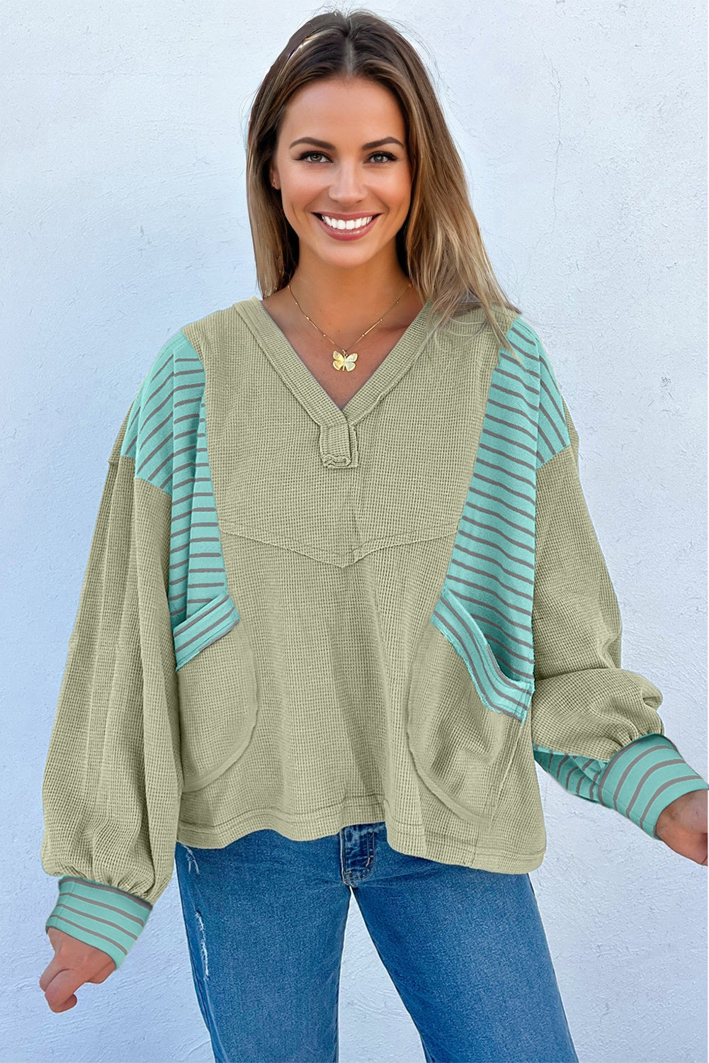 Meadow Mist Green Exposed Seam Waffle Striped Patchwork Baggy Pullover