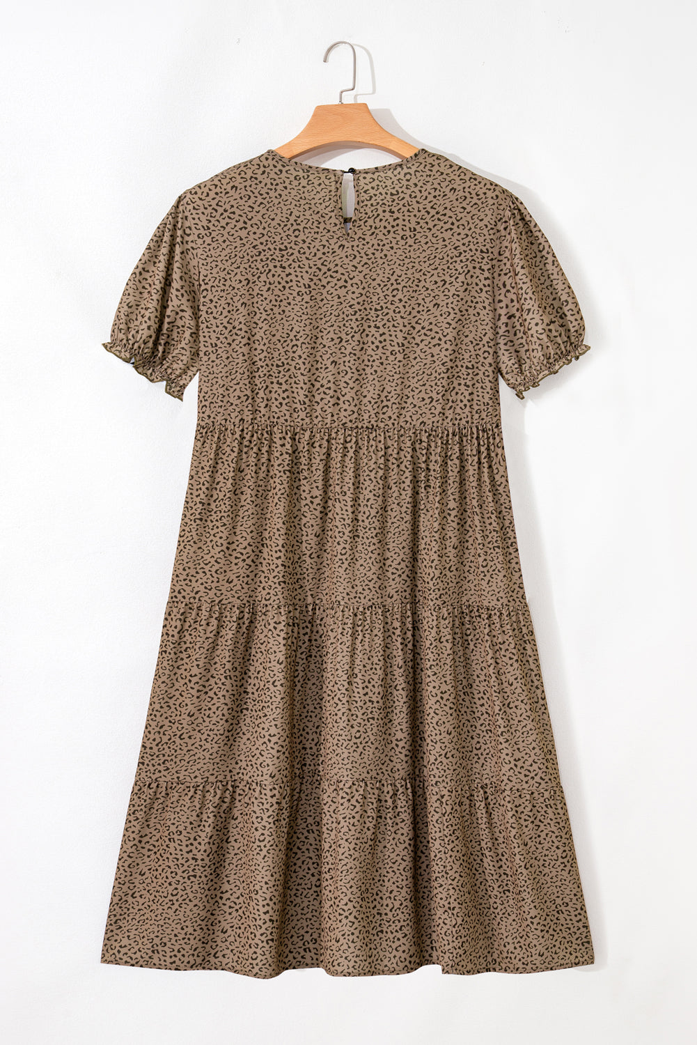 Brown Plus Size Leopard Print Frill Trim Short Sleeve Flared Dress