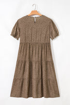 Brown Plus Size Leopard Print Frill Trim Short Sleeve Flared Dress