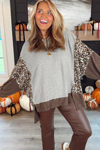 Gray Color Block Leopard Patchwork Dolman Sleeve High Low Baggy Sweatshirt