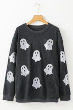 Black Halloween Ghost Corded Crew Neck Loose Sweatshirt