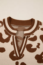 Light French Beige Leopard Printed Knit V Neck Casual Sweater