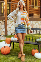 DEAR-LOVER Beige Oversized Colorblock V Neck Hooded Sweater