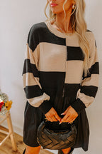 Black Stripe Two in One Knitted Top High Waist Splicing Hem Sweater Dress