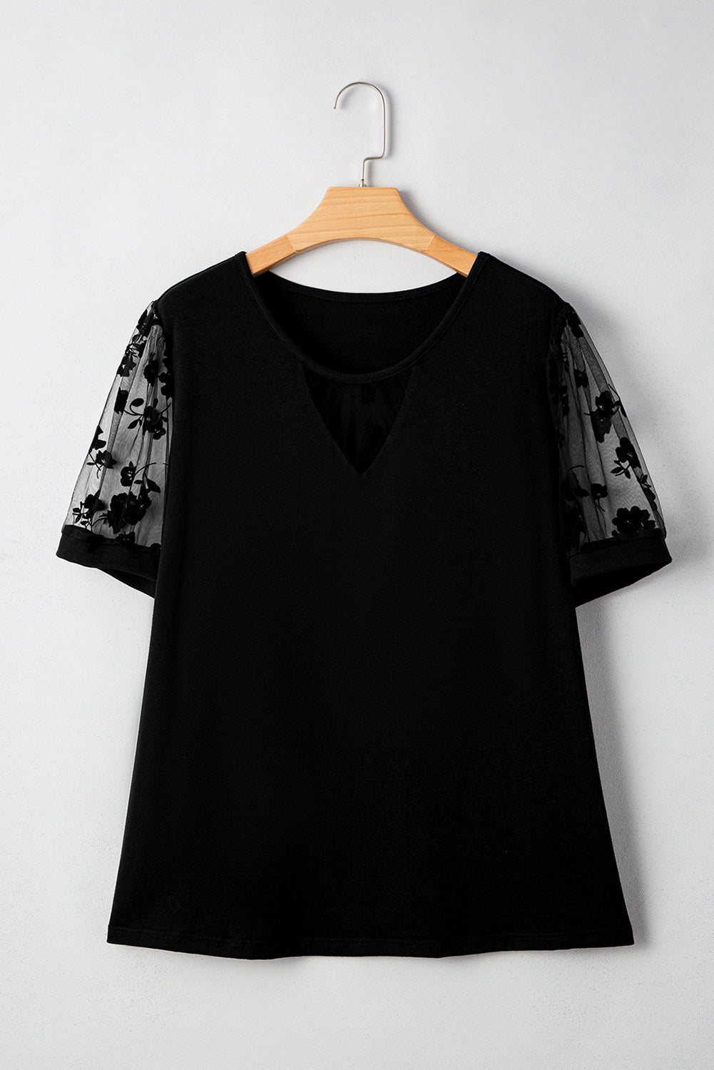 Black Floral Mesh Patchwork Loose V Neck Plus Size T Shirt