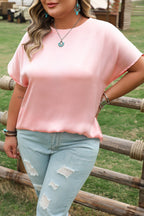 Pink Metallic Gloss Short Batwing Sleeve Plus Size Top