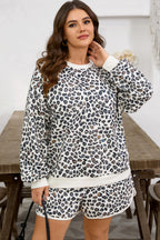Khaki Plus Size Leopard Loose Pullover Casual Shorts 2pcs Outfit