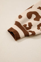 Light French Beige Leopard Printed Knit V Neck Casual Sweater