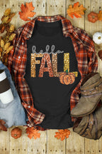 Black Hello Fall Letter Pumpkin Printed Thanksgiving T Shirt