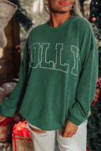 Blackish Green Twisted Rib Outlined Merry Letter Graphic Loose Long Sleeve Top
