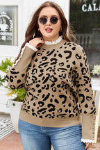 Brown Leopard Knitted Lacy Trim Cuffed Plus Size Sweater