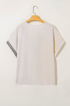 Oatmeal Contrast Geometric Print Patchwork V Neck Short Sleeve Plus Size Top