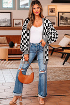 Black Checkered Open Front Drop Shoulder Cardigan