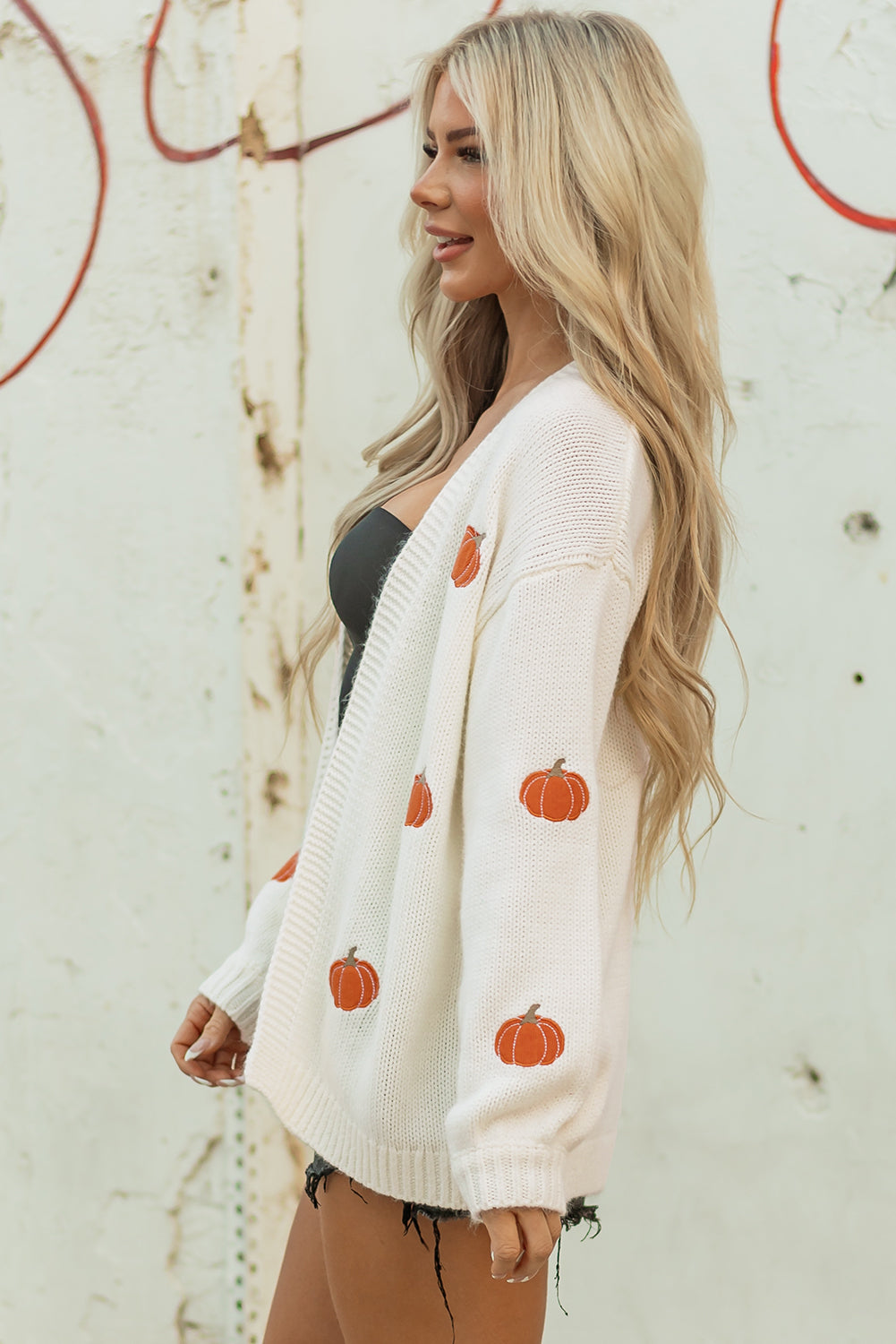 White Pumpkin Print Open Front Drop Shoulder Midi Cardigan
