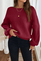Red Dahlia Ribbed Knit Ribbon Knot Backless Drop Shoulder Sweater