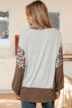Gray Color Block Leopard Patchwork Dolman Sleeve High Low Baggy Sweatshirt
