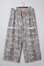 Khaki Plus Size Leopard Print Raw Edge Patch Pocket Drawstring Loose Pants