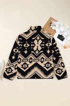 Black Plus Size Western Aztec Pattern Half Button Collared Plush Sweatshirt