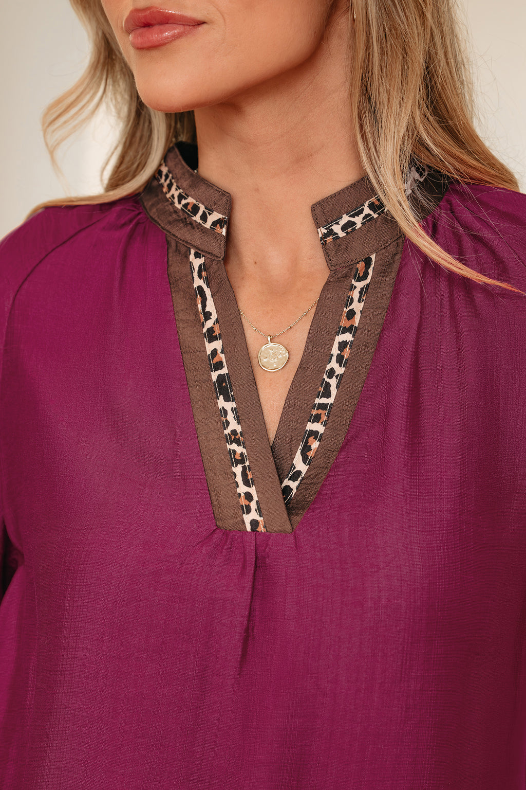 Violet Leopard Trim V Neck Flounced Bracelet Sleeve Blouse