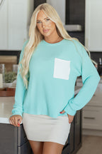 Iceland Blue 3D Ribbed Texture Contrast Patched Pocket Long Sleeve Top