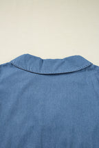 Dusk Blue Denim Lapel Neck Balloon Sleeve Tied Peplum Top