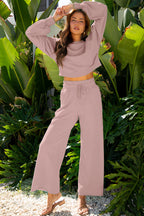 Light Pink Drop Shoulder Puff Sleeve Crop Pullover Drawstring Wide Leg Pants Set