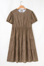 Brown Plus Size Leopard Print Frill Trim Short Sleeve Flared Dress