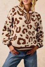 Light French Beige Leopard Printed Knit V Neck Casual Sweater