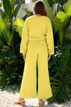 Yellow Cream Drop Shoulder Puff Sleeve Crop Pullover Drawstring Wide Leg Pants Set