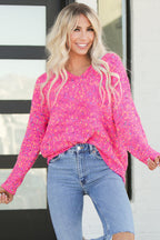 Dark Pink Colorful Spots Knitted V Neck Casual Sweater